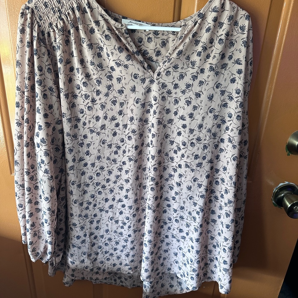 Floral V-Neck Blouse - Cream and Navy